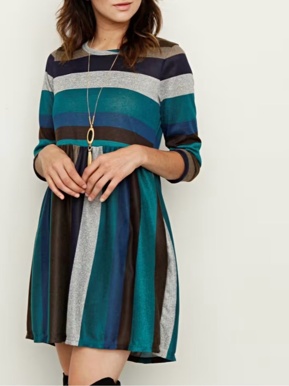 Striped Teal and Navy Long Sleeve Swing Dress - Unbranded